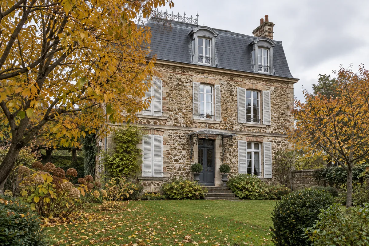 Toit à la Mansart couvert d&rsquo;ardoises naturelles avec lucarnes en zinc sur une maison ancienne en meulière