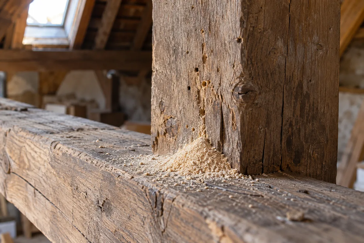 Sciure fine de vermoulure accumulée au pied d&rsquo;une poutre de charpente