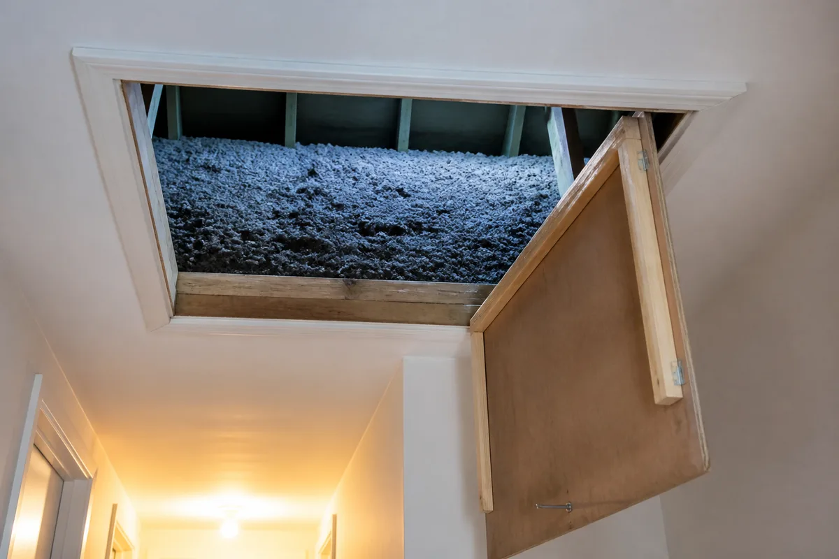 Trappe d&rsquo;accès aux combles ouverte dans un plafond avec isolant en laine soufflée visible
