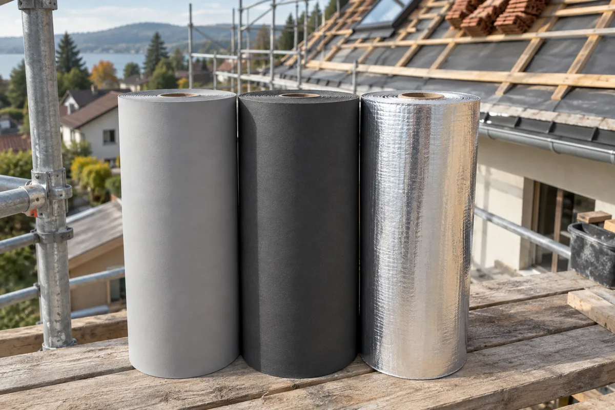 Trois rouleaux de membranes de sous-toiture gris clair, anthracite et aluminium posés au pied d&rsquo;un échafaudage