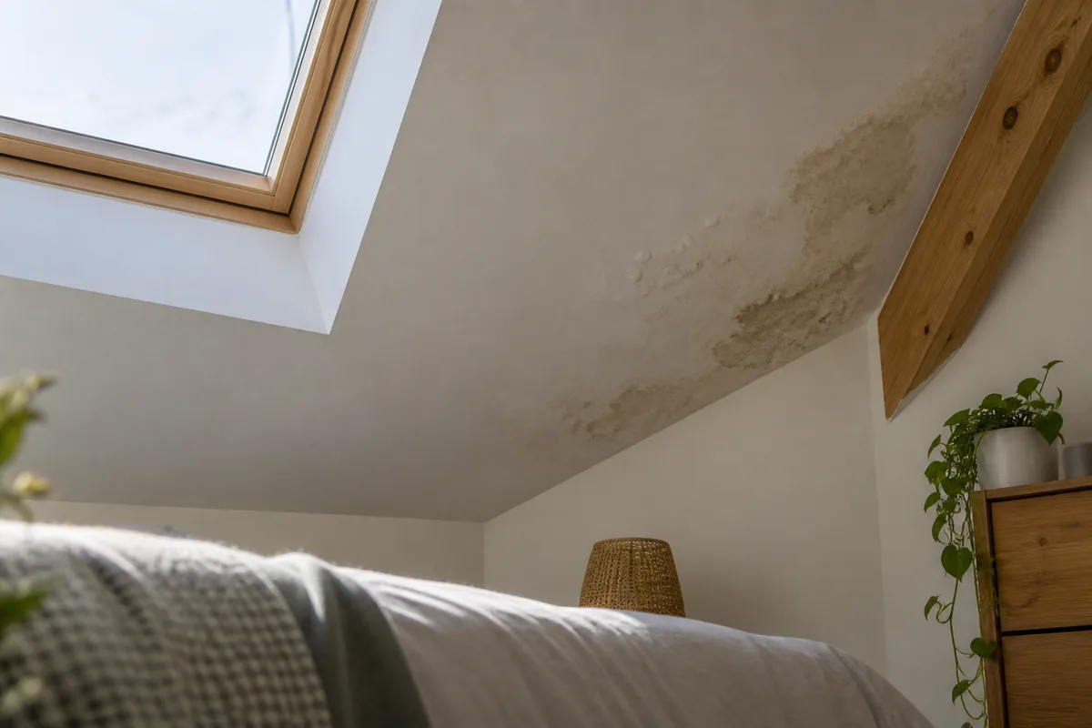 Tache d&rsquo;humidité au plafond d&rsquo;une chambre sous combles, sous un versant de toiture