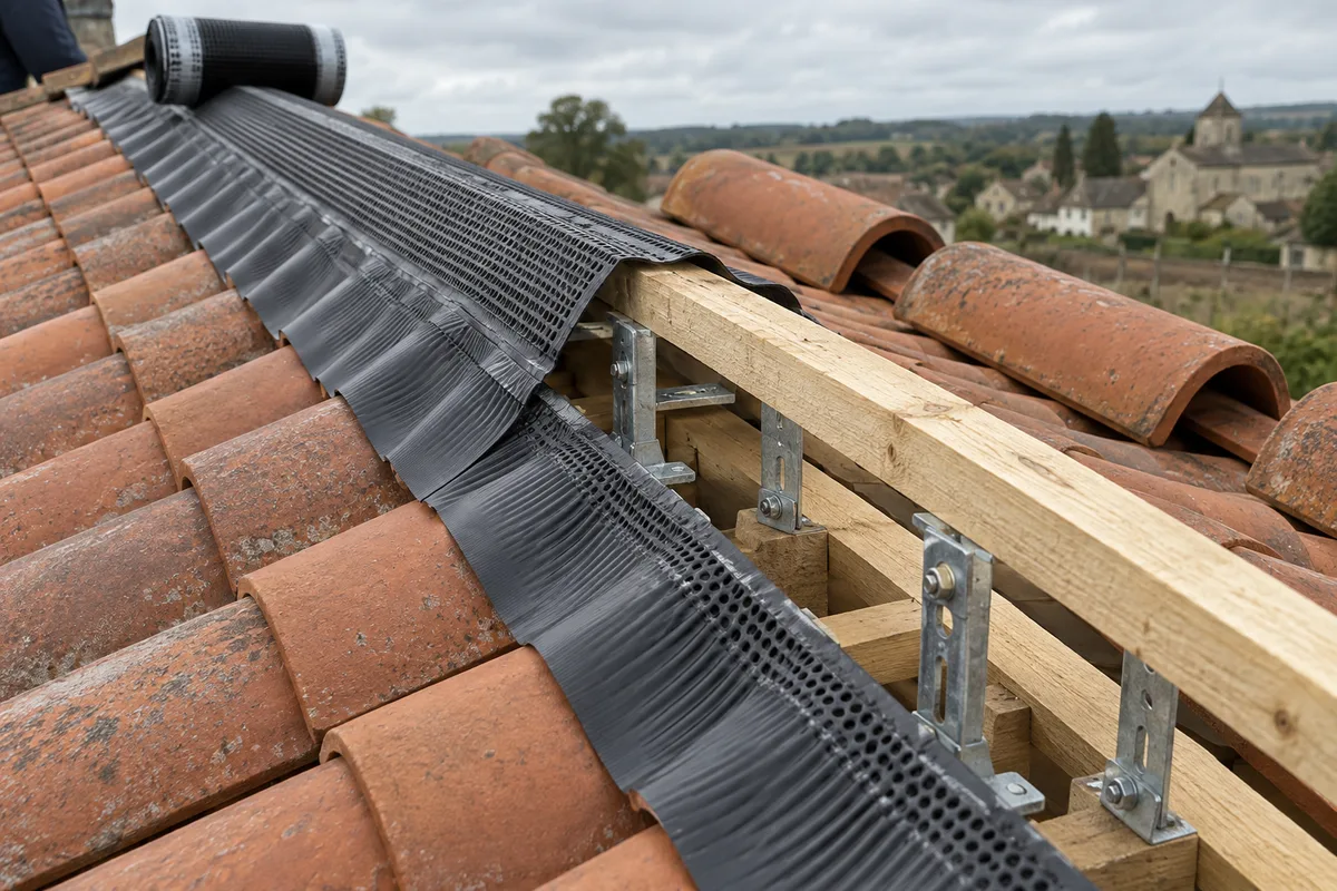 Gros plan sur un closoir ventilé et une lisse de rehausse en cours de pose sur une ligne de faîtage