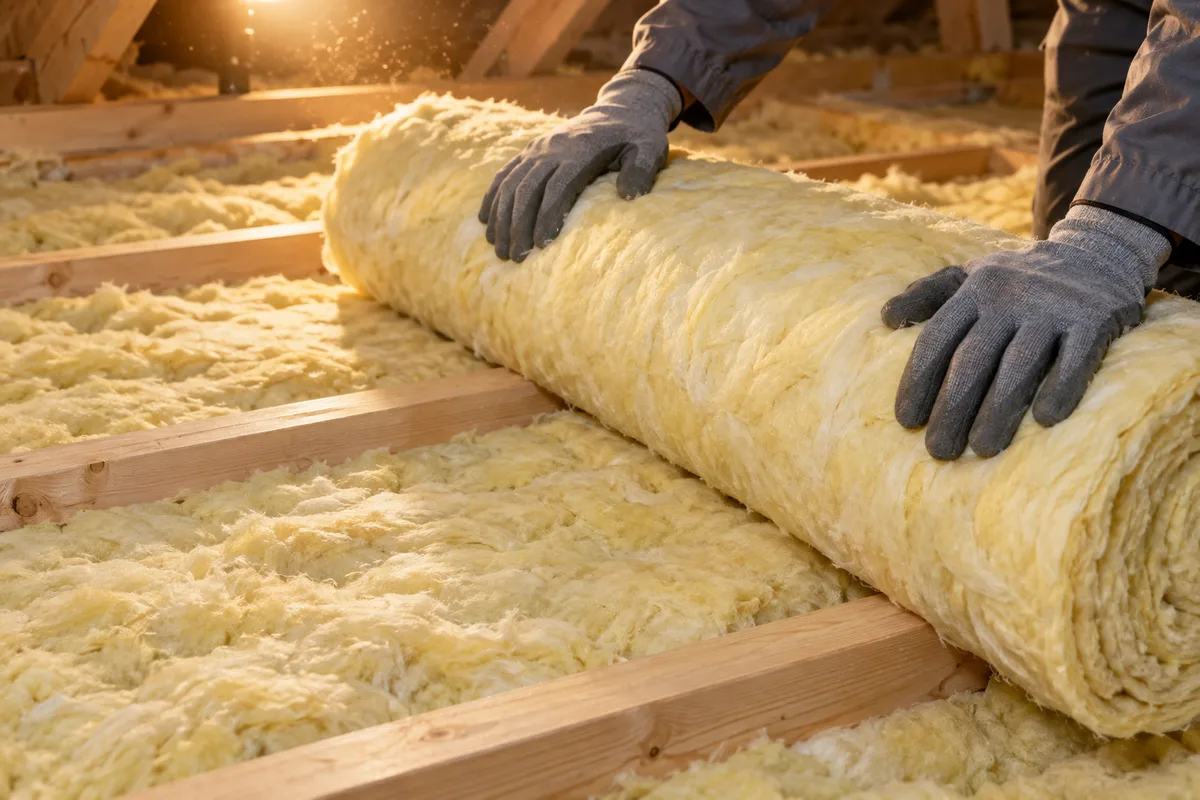 Mains gantées déroulant un rouleau de laine minérale en seconde couche croisée sur les solives d’un comble