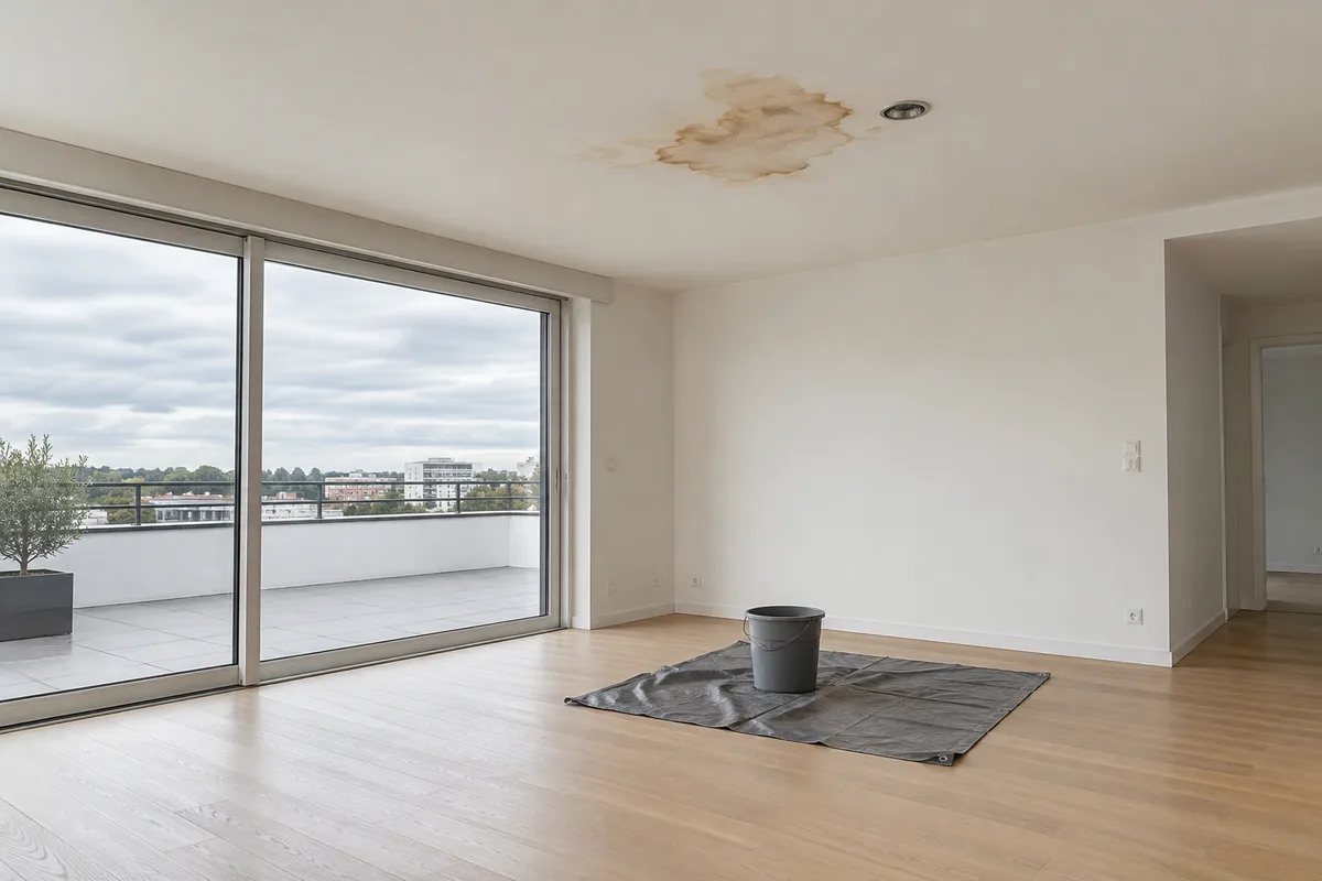 Plafond blanc d’une pièce vide sous un toit-terrasse, marqué d’une auréole brune près d’un luminaire encastré éteint