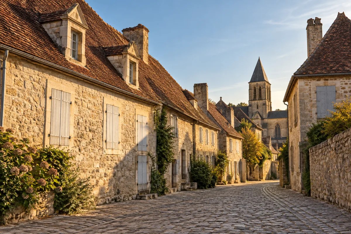 Enfilade de toits pentus en petites tuiles plates patinées dans une rue ancienne, clocher en pierre au loin