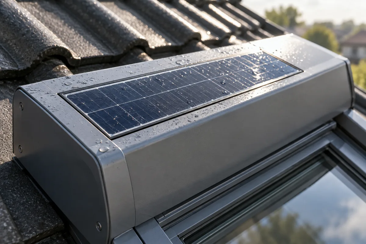 Petit panneau solaire intégré au coffre d&rsquo;un volet roulant de fenêtre de toit, vu de près