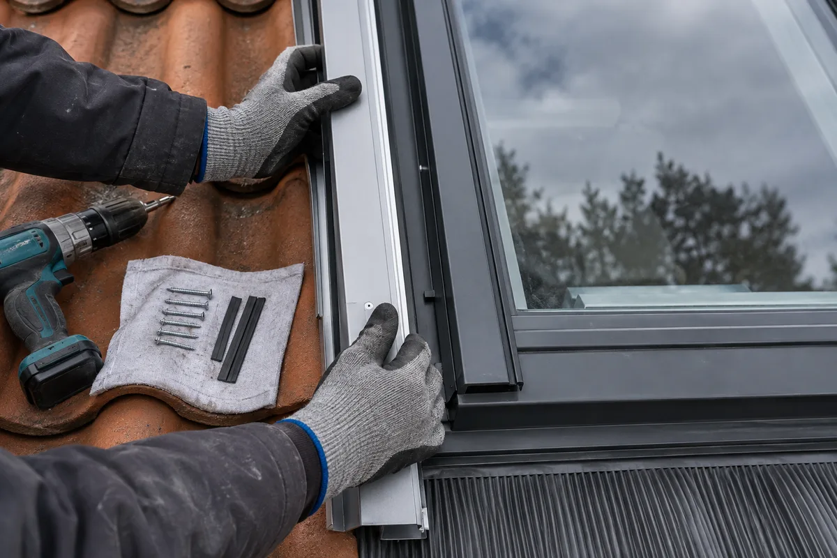 Mains d&rsquo;artisan positionnant le rail latéral d&rsquo;un volet roulant sur le dormant d&rsquo;une fenêtre de toit