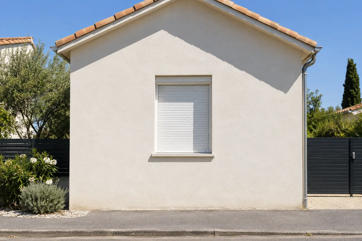 Fenêtre verticale de pignon équipée d&rsquo;un volet roulant descendu, façade éclairée par le soleil