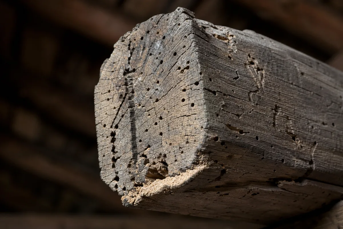 Détail d’un about de poutre en bois piqué de trous d’insectes xylophages dans un comble de maison ancienne