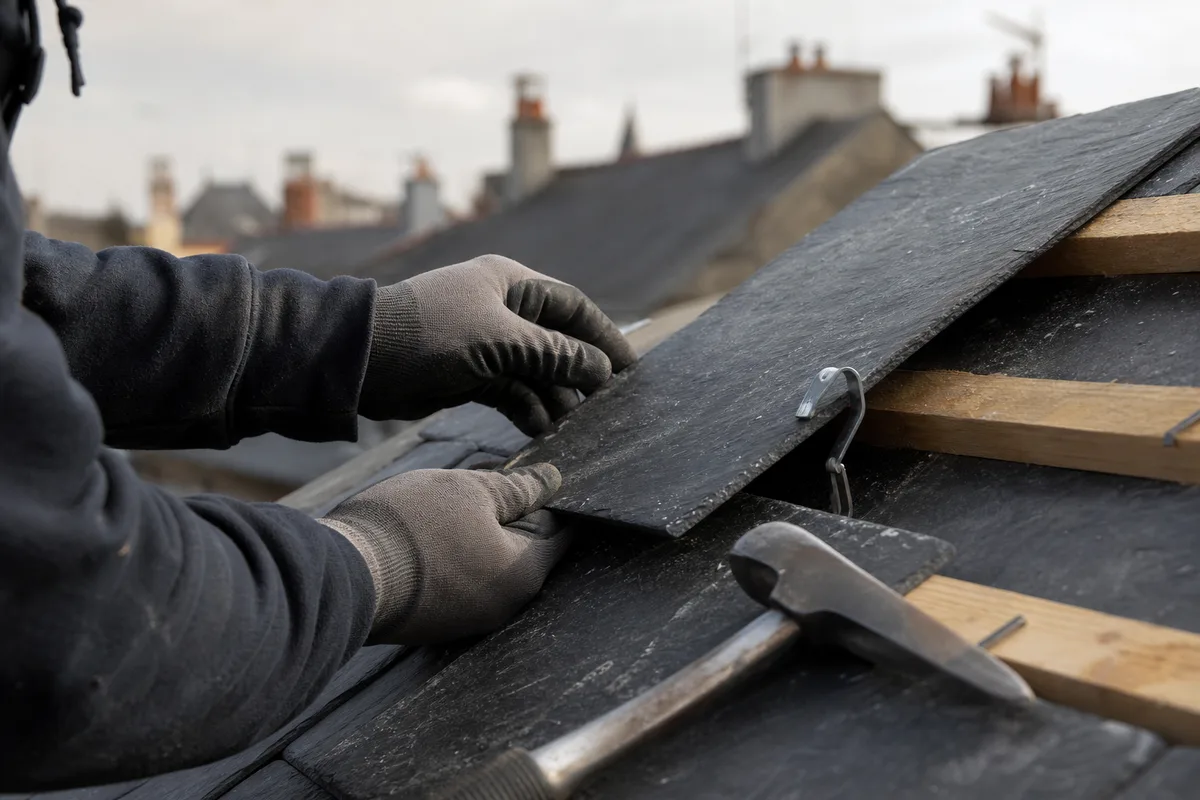 Mains d’un couvreur ajustant une ardoise sur un versant de toit ancien