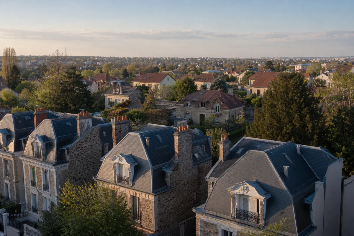 Toits de meulières et de pavillons alignés dans une rue résidentielle des boucles de la Seine, lumière rasante de fin d’après-midi