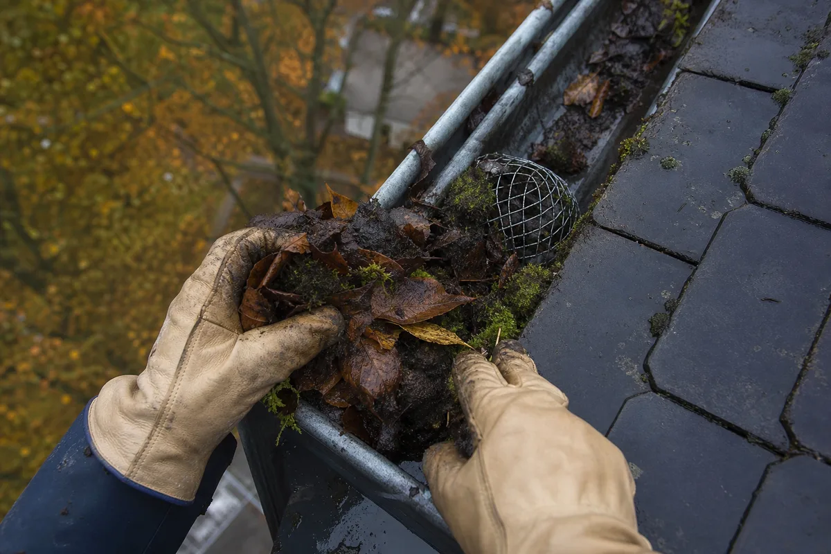 Curage manuel des feuilles dans une gouttière, vue de dessus sur un toit de tuiles plates