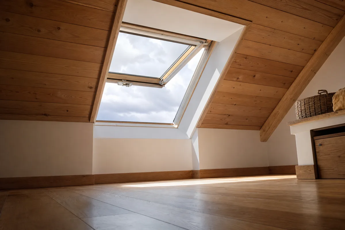 Fenêtre de toit ouverte sur un comble aménagé, rampant lambrissé et lumière naturelle abondante, vue depuis l’intérieur