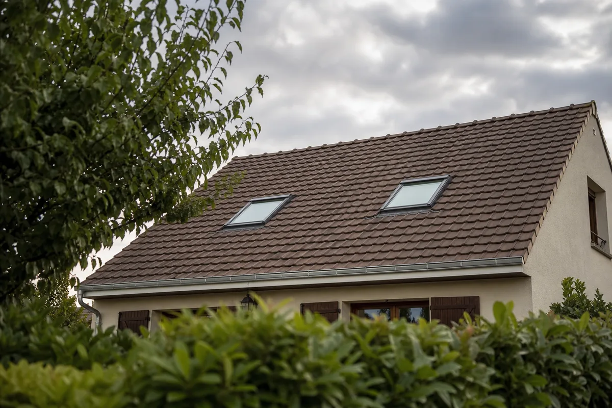 Toiture de pavillon avec deux fenêtres de toit alignées sur un versant de tuiles, ciel nuageux typique d’Île-de-France