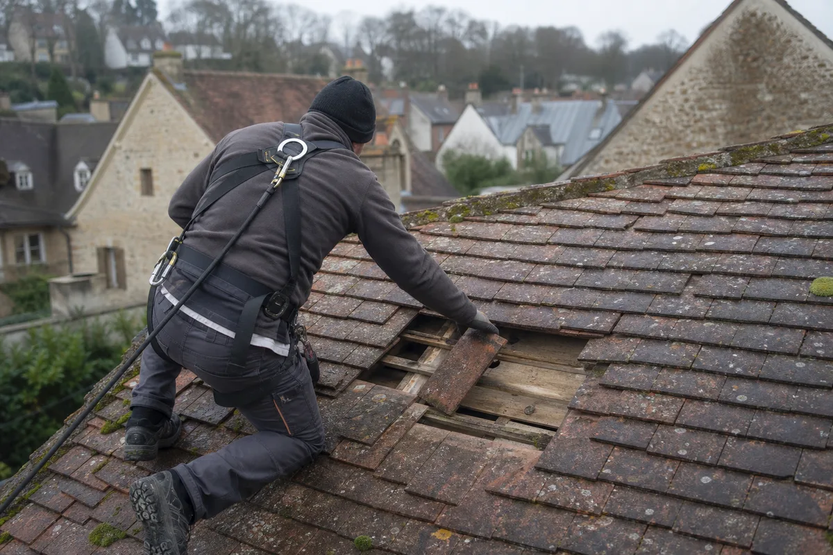 Couvreur inspectant des tuiles plates déplacées sur un versant de toit pavillonnaire
