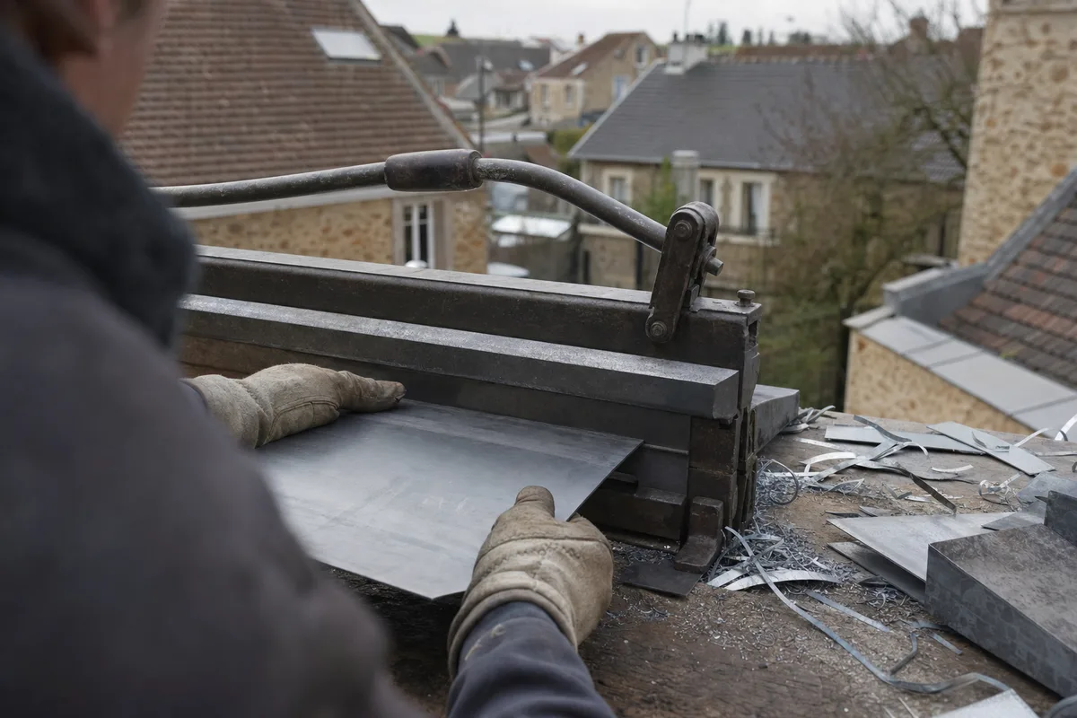 Zingueur pliant une bavette de zinc sur une plieuse de chantier, toits des Yvelines en arrière-plan